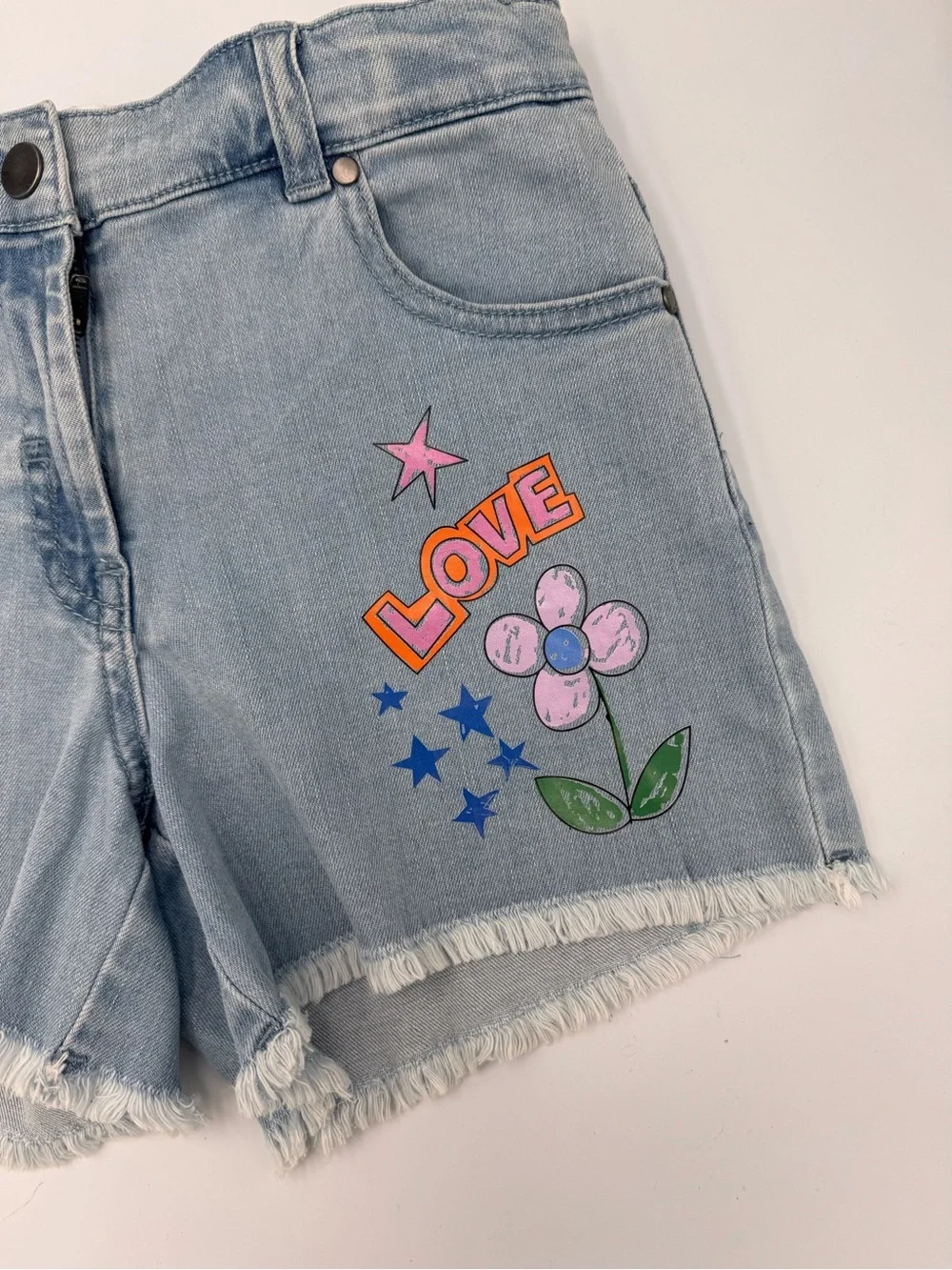 Stella McCartney Kids Girls 10 LOVE Graphic Denim Shorts Flowers